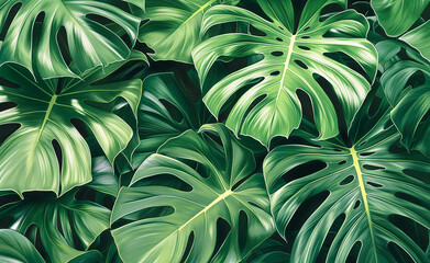 Poster - An overhead view of lush green monstera leaves forms a rich, tropical foliage pattern.