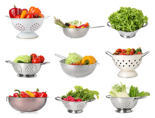 Wall Mural - Different colanders with fresh vegetables isolated on white, set