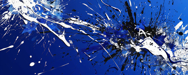 Wall Mural - A bold cobalt background with dynamic, splattered paint effects in contrasting colors like white, black, and silver, creating an energetic and chaotic appearance.