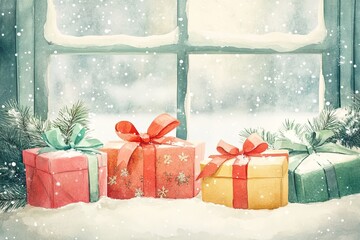 Sticker - A watercolor illustration of holiday gifts wrapped in festive paper and ribbons, with a soft, snow