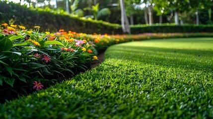 Wall Mural - Green Grass Lawn Background Image with Flowers