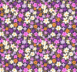 Wall Mural - Floral pattern. Pretty flowers on dark violet background. Printing with small orange, white, pink and lilac flowers. Ditsy print. Seamless vector texture. Spring bouquet.