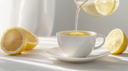 Wall Mural - Lemon tea being poured into a white cup on a table