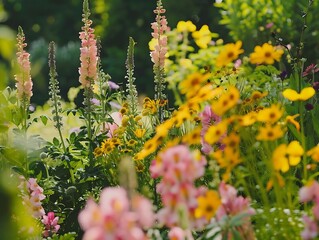 Canvas Print - Close-up of Pink and Yellow Flowers in a Garden Photo