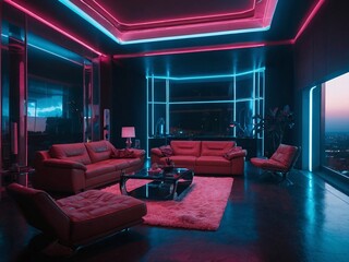 Wall Mural - Modern living room in a futuristic sci-fi style, featuring neon illumination