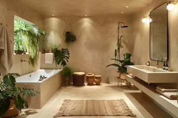 Wall Mural - Beige bathroom interior with white basin and double mirror, concrete floor, bathtub, plants. Bathing accessories and window in hotel studio, Generative AI