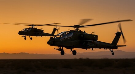 Wall Mural - A pair of attack helicopters flying in formation over a desert battlefield at dusk, their silhouettes stark against the orange sky as they prepare for a coordinated strike.
