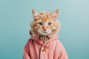 a cat in casual clothes with a curly hairstyle, concept of Pet fashion on solid blue background