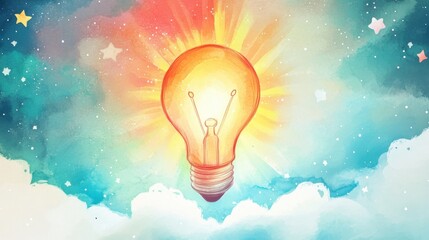 A bright light bulb illuminates the sky, representing creativity and inspiration against a dreamy, colorful background.