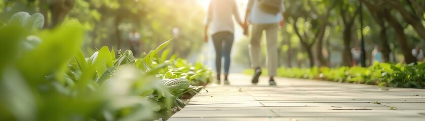 People leisurely strolling in the park, looking at the nature around them close up Nature theme surreal Multilayer Walking path in the park