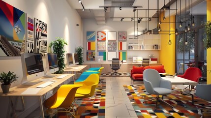 a bright office with colorful decor and high-quality images