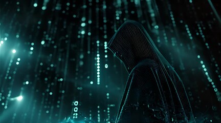 Mysterious hacker wearing black hoodie, back view with computer codes background on dark cyber security screen.