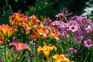 Canvas Print - Orange and Pink Flowers in a Lush Garden - A Stunning Photo