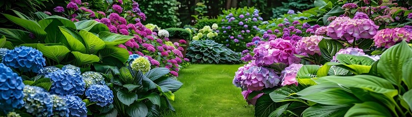 Wall Mural - Vibrant Hydrangea Blooms in a Lush Garden -  Illustration