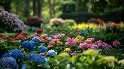 Wall Mural - Vibrant Hydrangea Blooms in a Lush Garden - A Realistic Image