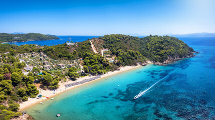Wall Mural - aerial view of the popular banana beach at skiathos island, sporades, greece, with fine sand and pri