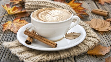 Wall Mural - A cozy autumn scene with an elegant white cup of latte