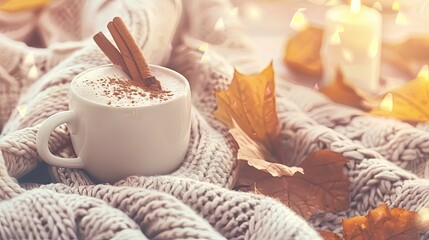 Wall Mural - A cozy autumn scene with an elegant white cup of latte