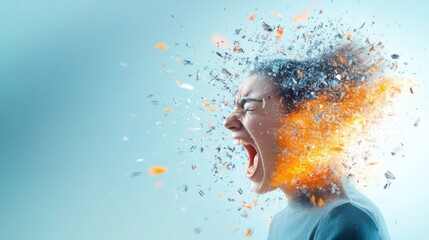 A woman shouting in frustration surrounded by a chaotic background depicting intense anger and anxiety