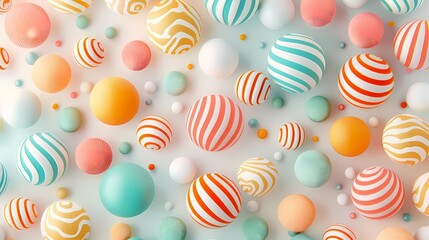 Wall Mural - Colorful 3D spheres and balls with stripes and patterns on a white background, creating a playful and vibrant abstract visual effect.