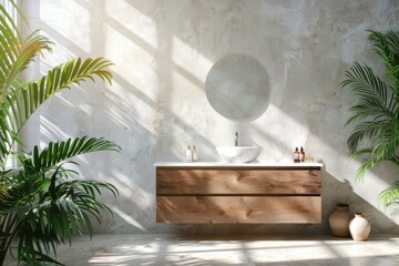 Wall Mural - Modern minimalist bathroom interior, modern pink bathroom cabinet, white sink, wooden vanity, Generative AI