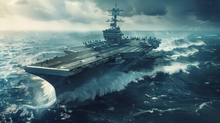 Wall Mural - Futuristic Aircraft Carrier Design Sailing in Vast Open Sea with Modern Vehicle Styling Elements.