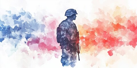 Wall Mural - Watercolor Soldier Silhouette against Artistic Background. Veterans Day