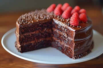 Sticker - Decadent Chocolate Layer Cake With Raspberries and Chocolate Sprinkles on Wooden Table