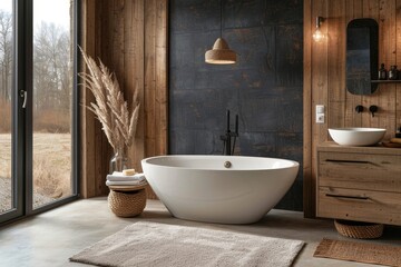 Comfortable bathtub and vanity with basin standing in modern bathroom black blue and wooden walls and concrete floor, Generative AI