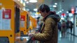 © Рудой Максим - Young Man Using Ticket Machine In Busy Train Station During Evening Rush Hour. Generative AI