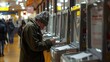 © Рудой Максим - Individual Completing Transaction at Ticket Machines in Busy Urban Hallway During Evening Hours. Generative AI