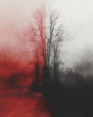 A Split Forest of Bare Trees in Red and White Fog