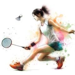 Wall Mural - badminton player in watercolor paint illustration.