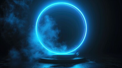 Poster - abstract background with blue neon light ring on dark stage