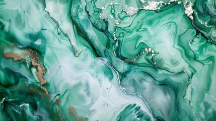 This abstract fluid art features a stunning green design with beautiful gold accents