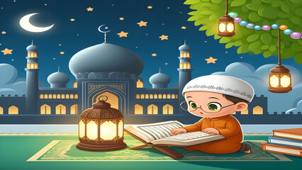 A young boy reading a book in front of a mosque at night.