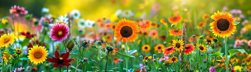 Wall Mural - Colorful Wildflowers in a Field with Sunbeams Illustration