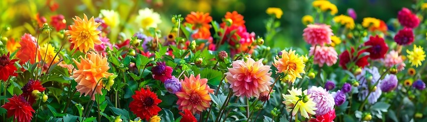 Wall Mural - Colorful Dahlia Flowers in a Garden Illustration