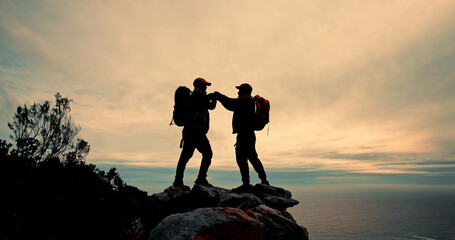 Canvas Print - High five, silhouette and success with friends on mountain peak together for fitness, hiking or view of ocean. Celebration, sky and support with hiker people in nature for exercise, hobby or vacation