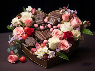 Heart Shaped Flower Arrangement and Chocolate Box