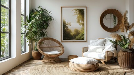 Stylish Living Room Interior with an Abstract Frame Poster, clean minimalist interior, frame mock-up, modern home space.