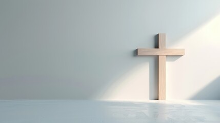 a simple wooden cross stands against a white wall, bathed in sunlight.