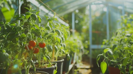 Wall Mural - Vibrant red tomatoes hang from lush green plants inside a greenhouse, illuminated by warm morning light.