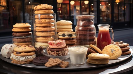 Sticker - A wide shot of a lot of different cakes and cookies in a shop window 