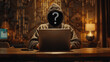 © CozyDigital - Anonymous hacker. Hacker in hoodie. Binary code on background. Question mark instead of face.