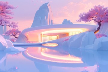 Wall Mural - illuminated geometric house model in vibrant neon colors, showcasing modern design and artistic expr