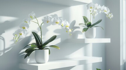 Poster - Beautiful white orchids in sleek pots adorn minimalist white shelves, illuminated by soft natural light in a bright indoor setting.
