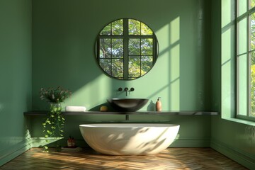 Wall Mural - Interior of modern bathroom with concrete and black walls, concrete floor and comfortable white sink with  round mirror, bathtub, plant, pendant light. Window with city view. 3d, Generative AI