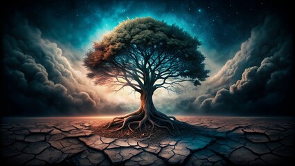 growing tree from cracked soil nature background