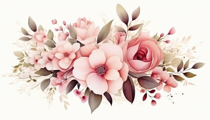 Wall Mural - Delicate Watercolor Bouquet of Pink and Peach Flowers with Delicate Greenery